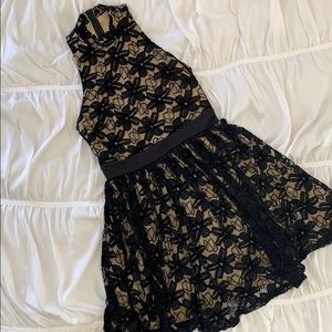 BLACK AND TAN LACE HALTER DRESS